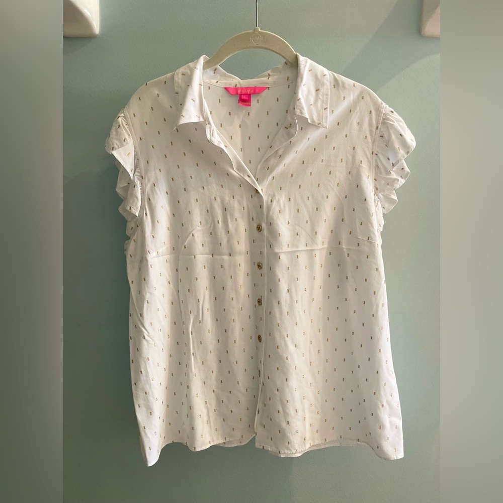 Lilly Pulitzer White Flutter Sleeve Top w/ Gold Embroidery Accents. Size L